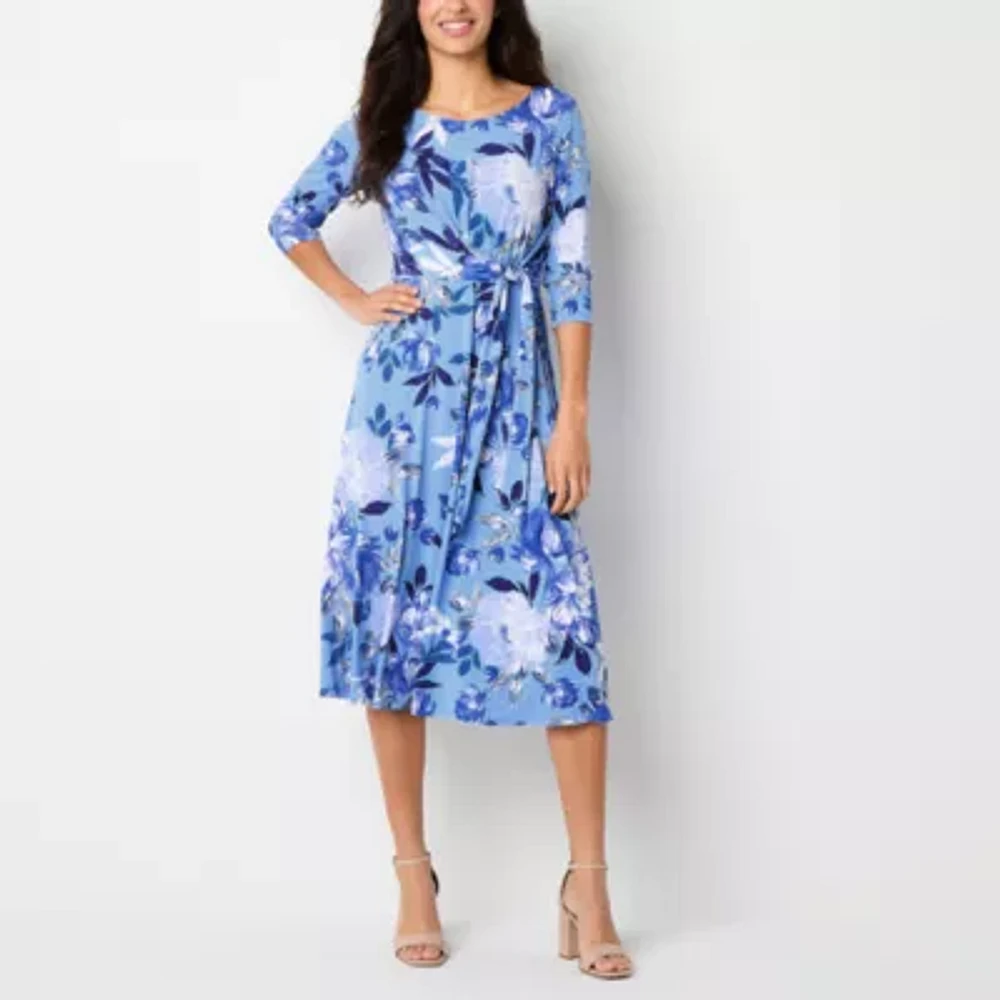 Perceptions Womens 3/4 Sleeve Floral Midi Fit + Flare Dress