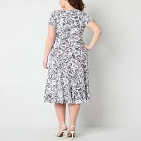 Perceptions Womens Short Sleeve Scroll Midi Fit + Flare Dress Plus