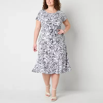 Perceptions Womens Short Sleeve Scroll Midi Fit + Flare Dress Plus