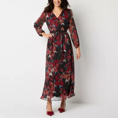 Robbie Bee Womens Long Sleeve Floral Maxi Dress Petite