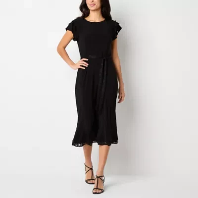 Perceptions Womens Short Sleeve Midi Fit + Flare Dress Petite