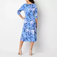 Perceptions Womens 3/4 Sleeve Floral Midi Fit + Flare Dress Petite