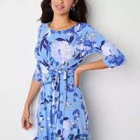 Perceptions Womens 3/4 Sleeve Floral Midi Fit + Flare Dress Petite