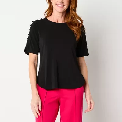 Liz Claiborne Womens Round Neck Short Sleeve Blouse