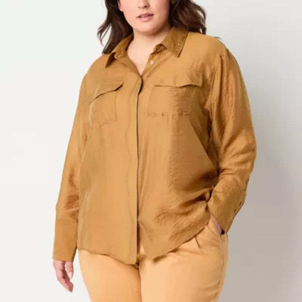 Worthington Plus Womens Long Sleeve Regular Fit Button-Down Shirt