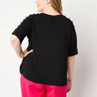 Liz Claiborne Plus Sustainable Womens Round Neck Elbow Sleeve Blouse