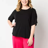 Liz Claiborne Plus Sustainable Womens Round Neck Elbow Sleeve Blouse