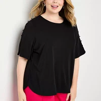 Liz Claiborne Plus Sustainable Womens Round Neck Elbow Sleeve Blouse