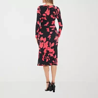 London Style Womens Long Sleeve Floral Midi Sheath Dress