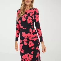 London Style Womens Long Sleeve Floral Midi Sheath Dress