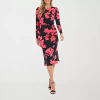 London Style Womens Long Sleeve Floral Midi Sheath Dress