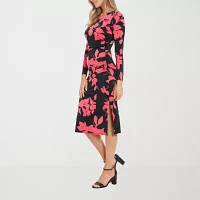 London Style Womens Long Sleeve Floral Midi Sheath Dress