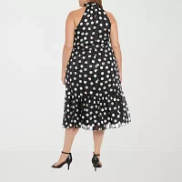 London Style Womens Sleeveless Dots Midi Fit + Flare Dress Plus