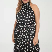 London Style Womens Sleeveless Dots Midi Fit + Flare Dress Plus