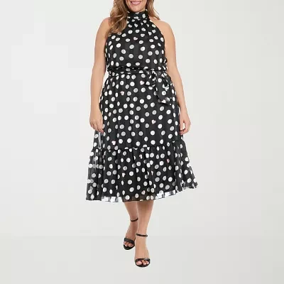 London Style Womens Sleeveless Dots Midi Fit + Flare Dress Plus