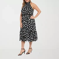 London Style Womens Sleeveless Dots Midi Fit + Flare Dress Plus