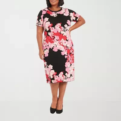 London Style Womens Short Sleeve Floral Midi Sweater Dress Plus