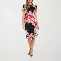 London Style Womens Short Sleeve Floral Midi Sweater Dress Petite