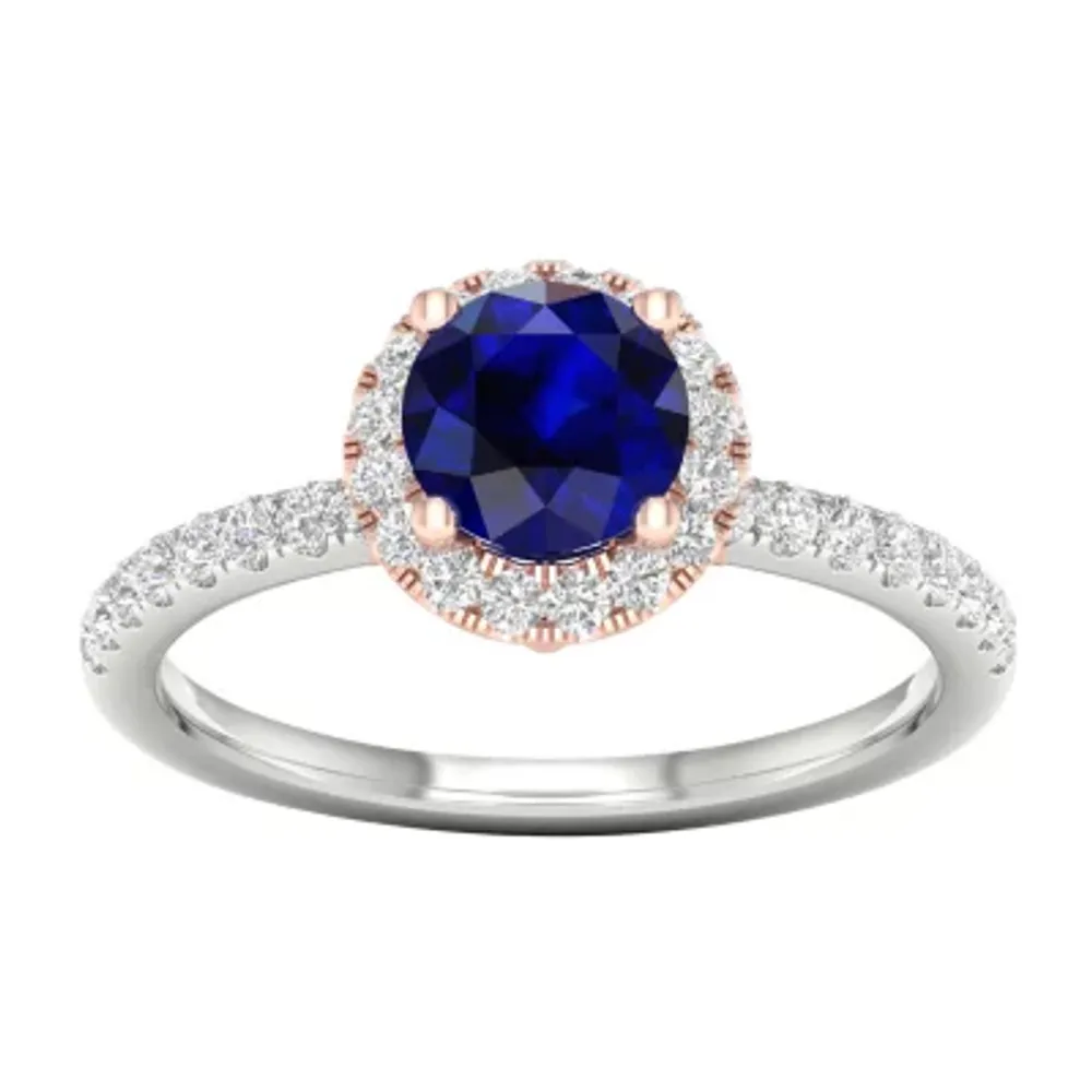 Modern Bride Gemstone Womens 1/3 CT. T.W. Genuine Blue Sapphire 10K Rose Gold Round Side Stone Halo Engagement Ring