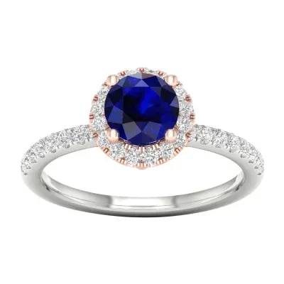 Modern Bride Gemstone Womens 1/3 CT. T.W. Genuine Blue Sapphire 10K Rose Gold Round Side Stone Halo Engagement Ring