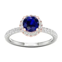 Modern Bride Gemstone Womens 1/3 CT. T.W. Genuine Blue Sapphire 10K Rose Gold Round Side Stone Halo Engagement Ring