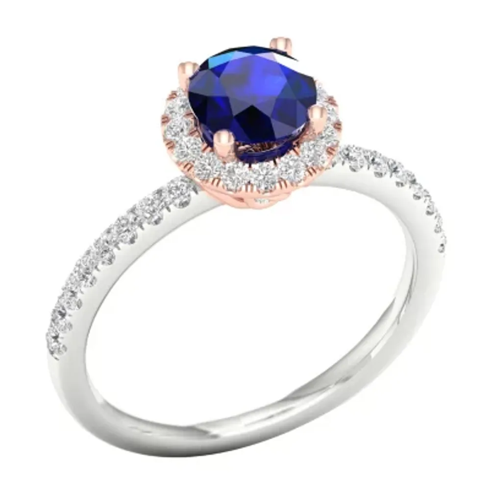 Modern Bride Gemstone Womens 1/3 CT. T.W. Genuine Blue Sapphire 10K Rose Gold Round Side Stone Halo Engagement Ring