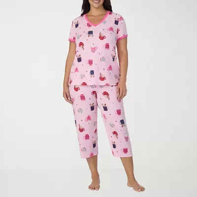 Cuddl Duds Womens Plus V-Neck Short Sleeve 2-pc. Pant Pajama Set