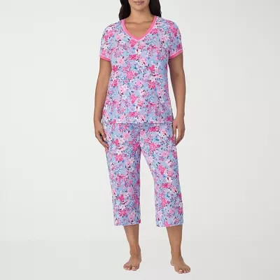 Cuddl Duds Womens Plus V-Neck Short Sleeve 2-pc. Pant Pajama Set