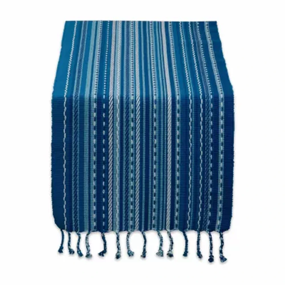 Design Imports Blue Tonal Stripe With Fringe Table Runners