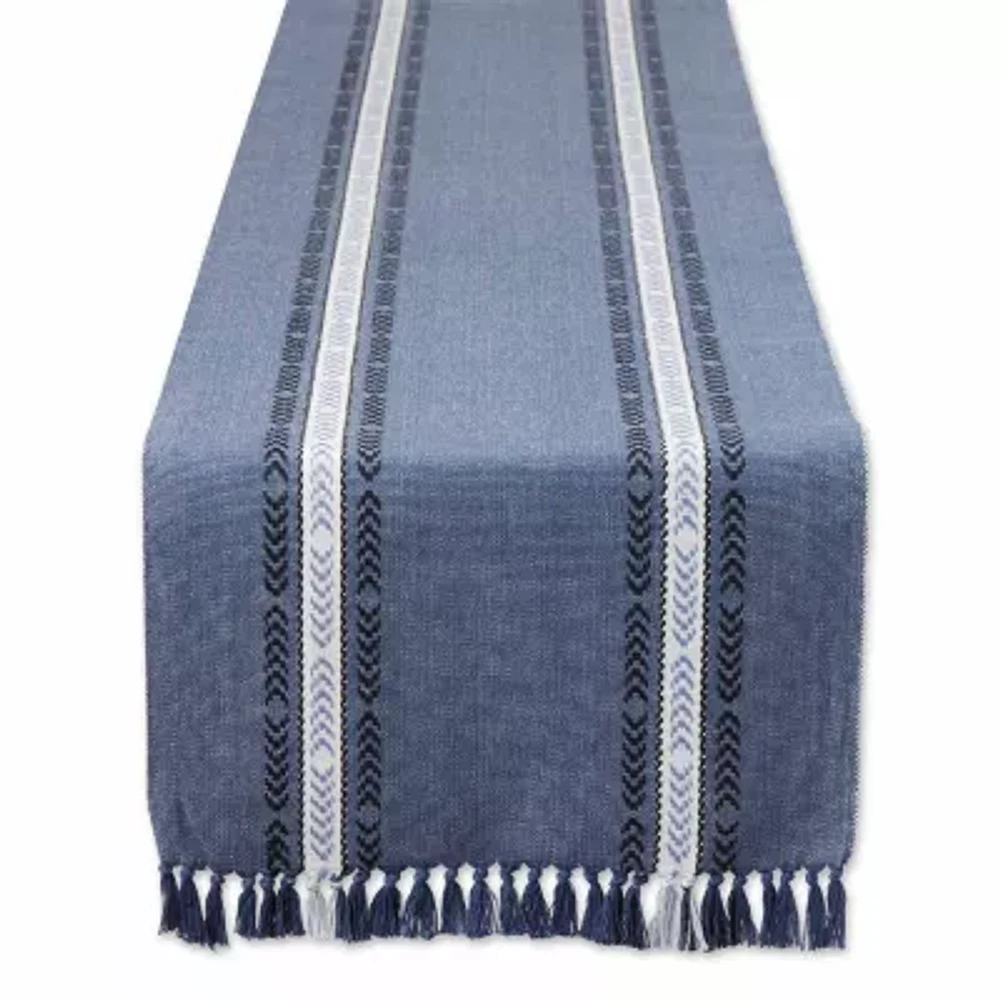 Design Imports French Blue Dobby Striped Fringe Ribbed Table Runners