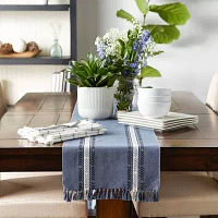 Design Imports French Blue Dobby Striped Fringe Ribbed Table Runners