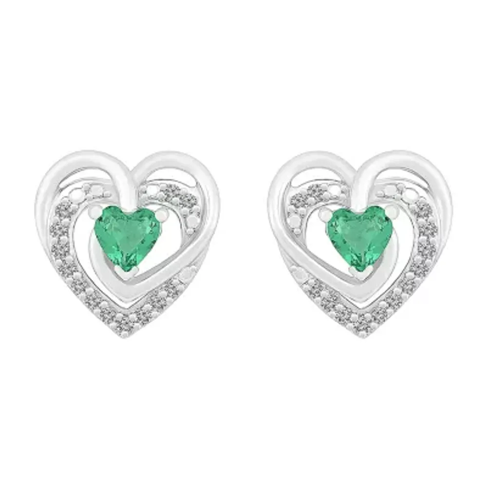 Lab Created Green Emerald Sterling Silver 12mm Heart Stud Earrings