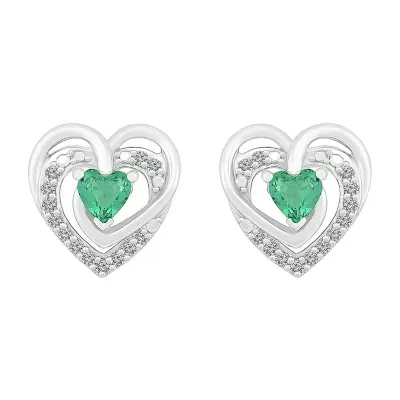 Lab Created Green Emerald Sterling Silver 12mm Heart Stud Earrings