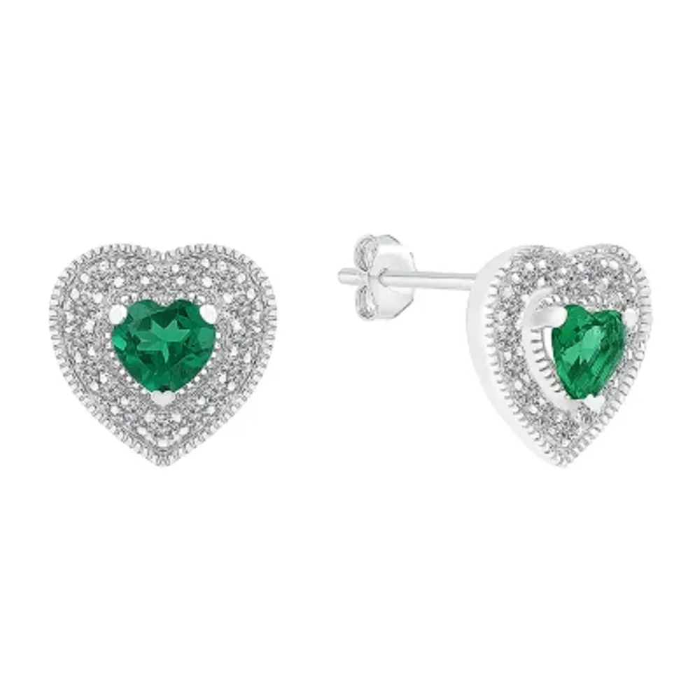 Lab Created Green Emerald Sterling Silver 9.5mm Heart Stud Earrings