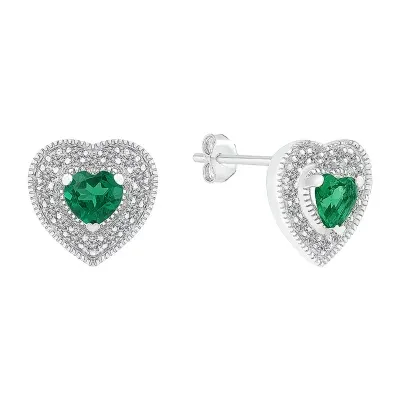 Lab Created Green Emerald Sterling Silver 9.5mm Heart Stud Earrings