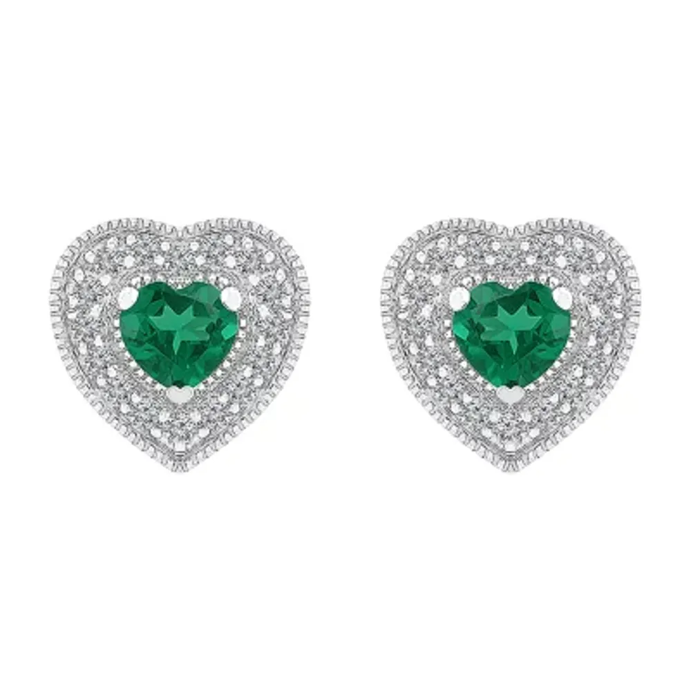 Lab Created Green Emerald Sterling Silver 9.5mm Heart Stud Earrings