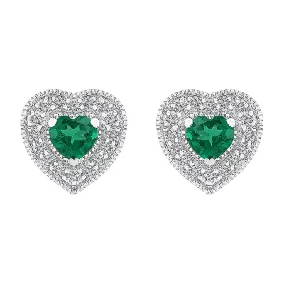 Lab Created Green Emerald Sterling Silver 9.5mm Heart Stud Earrings