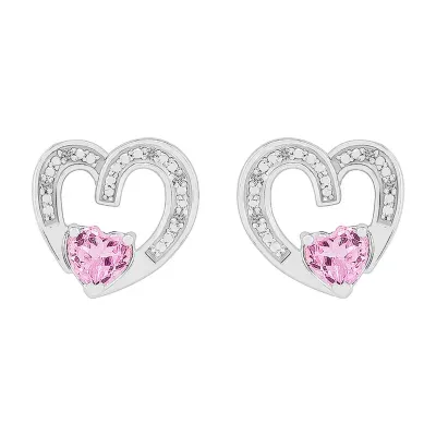 Diamond Accent Lab Created Pink Sapphire Sterling Silver 11mm Heart Stud Earrings