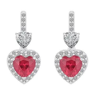 Lab Created Red Ruby Sterling Silver Heart Drop Earrings