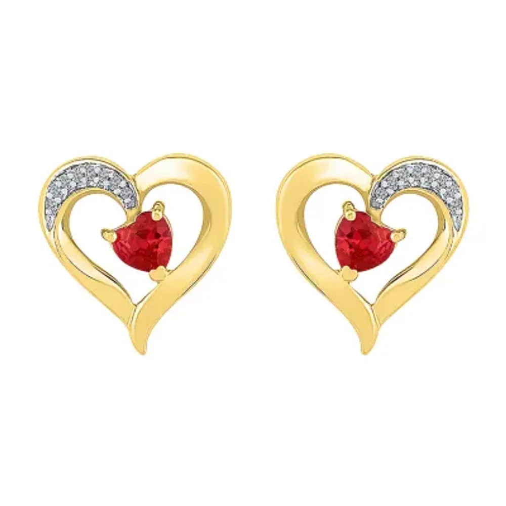Diamond Accent Lab Created Red Ruby 10K Gold 13.5mm Heart Stud Earrings