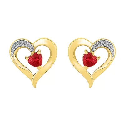 Diamond Accent Lab Created Red Ruby 10K Gold 13.5mm Heart Stud Earrings