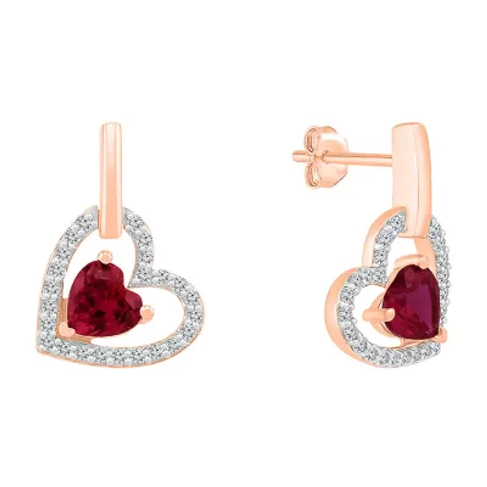 Lab Created Red Ruby 10K Gold Heart Drop Earrings