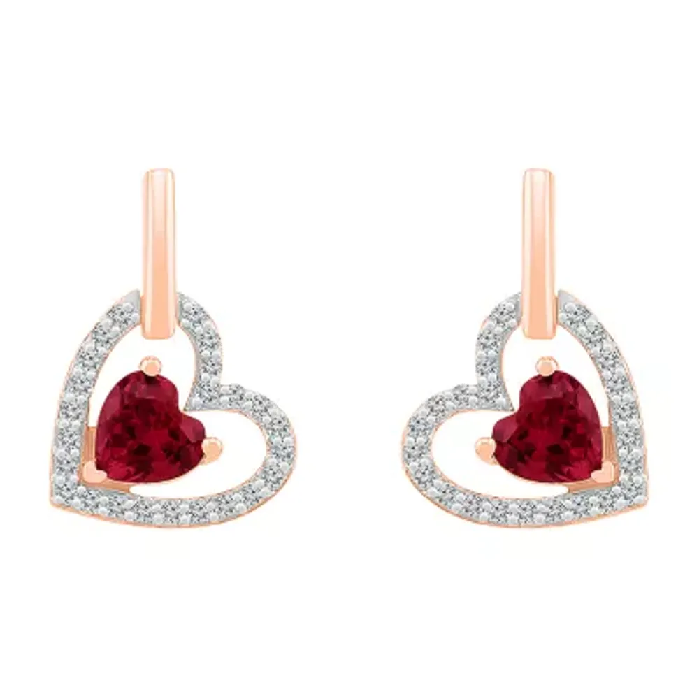 Lab Created Red Ruby 10K Gold Heart Drop Earrings