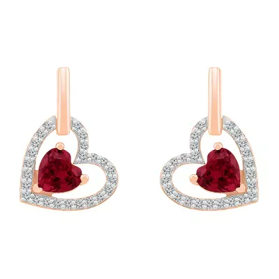 Lab Created Red Ruby 10K Gold Heart Drop Earrings