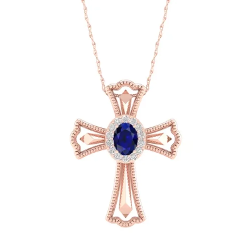 Womens Diamond Accent Genuine Blue Sapphire 10K Gold Cross Pendant Necklace
