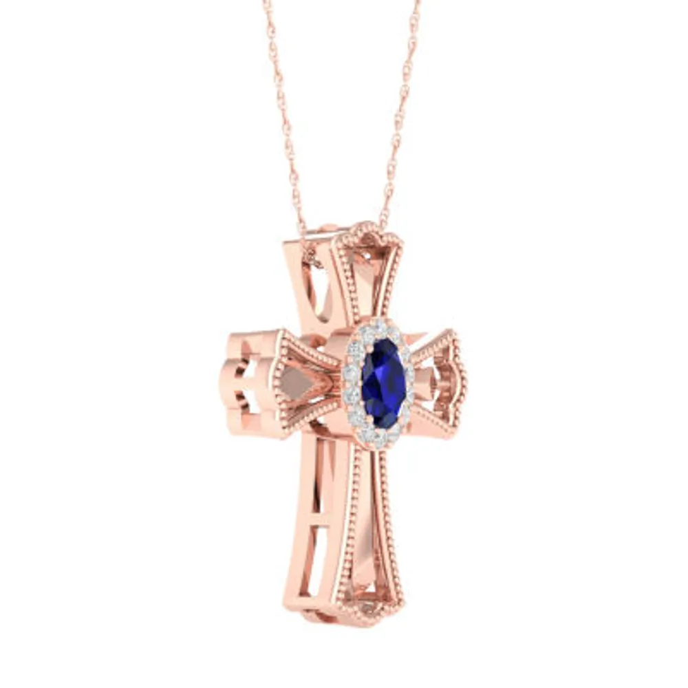 Womens Diamond Accent Genuine Blue Sapphire 10K Gold Cross Pendant Necklace