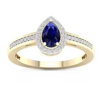 Womens 1/8 CT. T.W. Genuine Blue Sapphire 10K Gold Pear Halo Side Stone Cocktail Ring