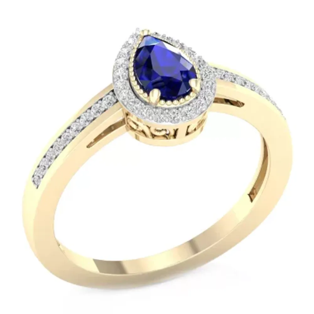 Womens 1/8 CT. T.W. Genuine Blue Sapphire 10K Gold Pear Halo Side Stone Cocktail Ring