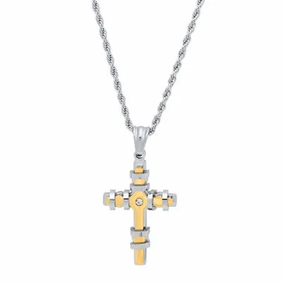 Steeltime Mens 2 1/4 CT. T.W. Simulated White Cubic Zirconia 18K Gold Over Stainless Steel Cross Pendant Necklace