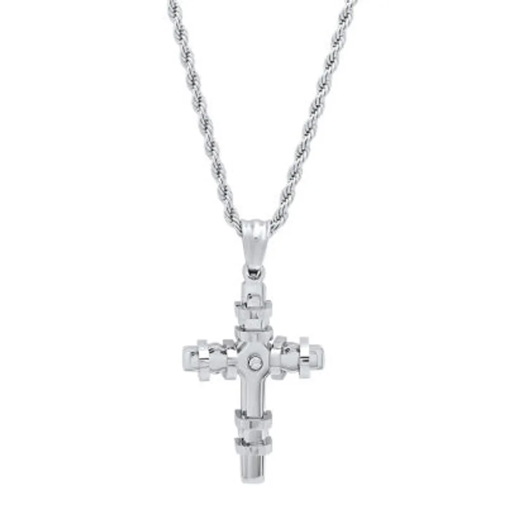 Steeltime Mens 2 1/4 CT. T.W. Simulated White Cubic Zirconia Stainless Steel Cross Pendant Necklace